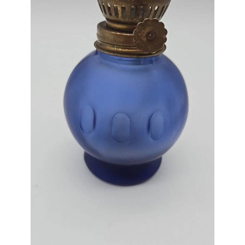 Vtg Miniature Oil Lamp Cobalt Blue Satin Glass Base Scalloped Clear Glass Top